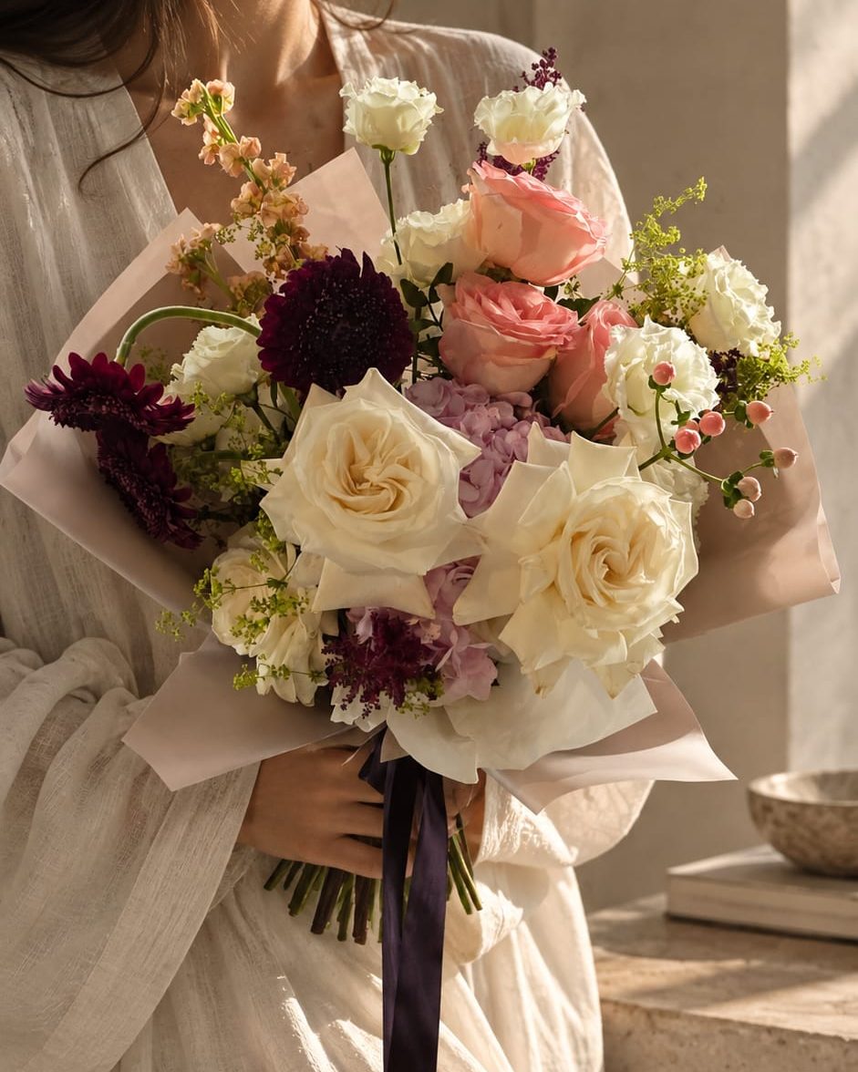 Hand-tied bouquet of ivory roses, pink roses, dahlias and hydrangea by Maison Loren